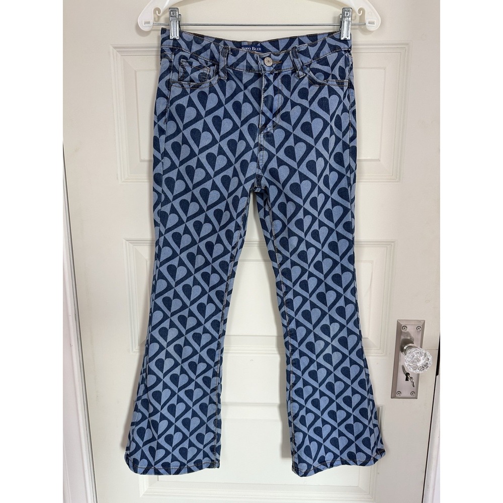 SOHO Blue Denim High Rise Heart Pattern Flare Jeans Girls Size 12‎